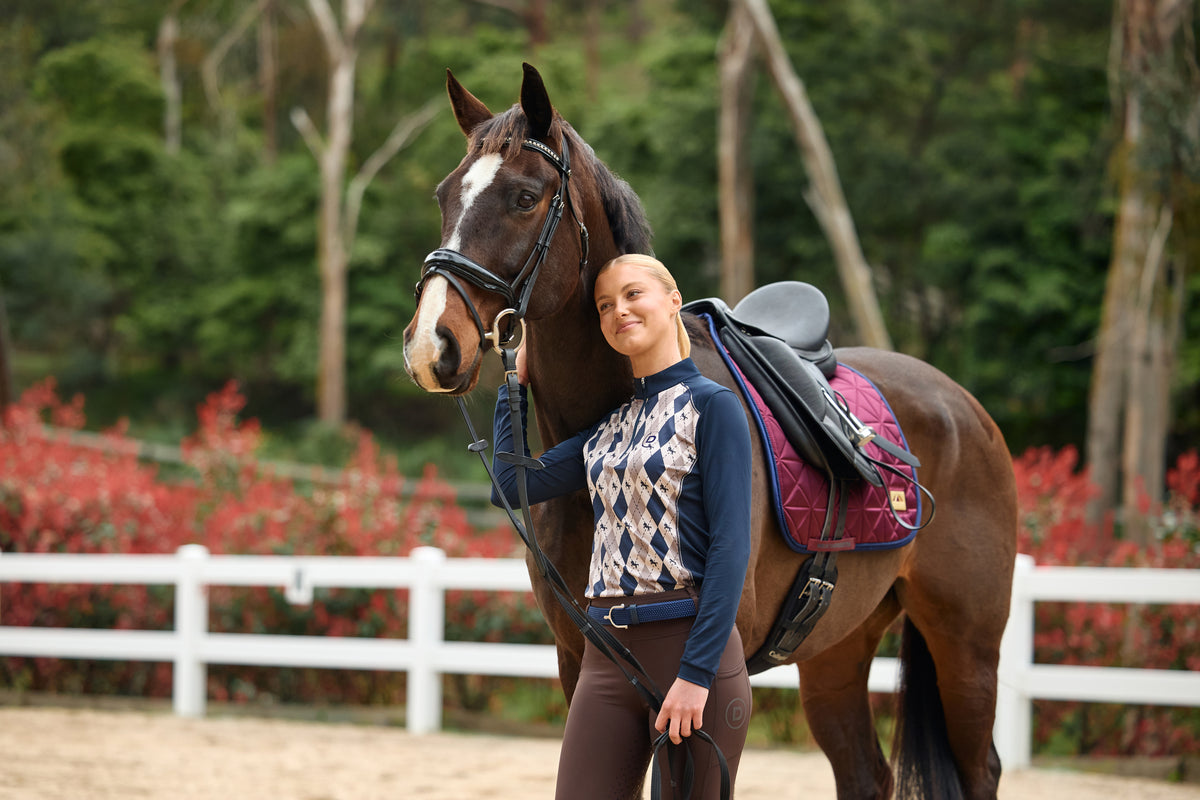 Dublin Breathable Long Sleeve Riding Top - Navy Oat Argyle