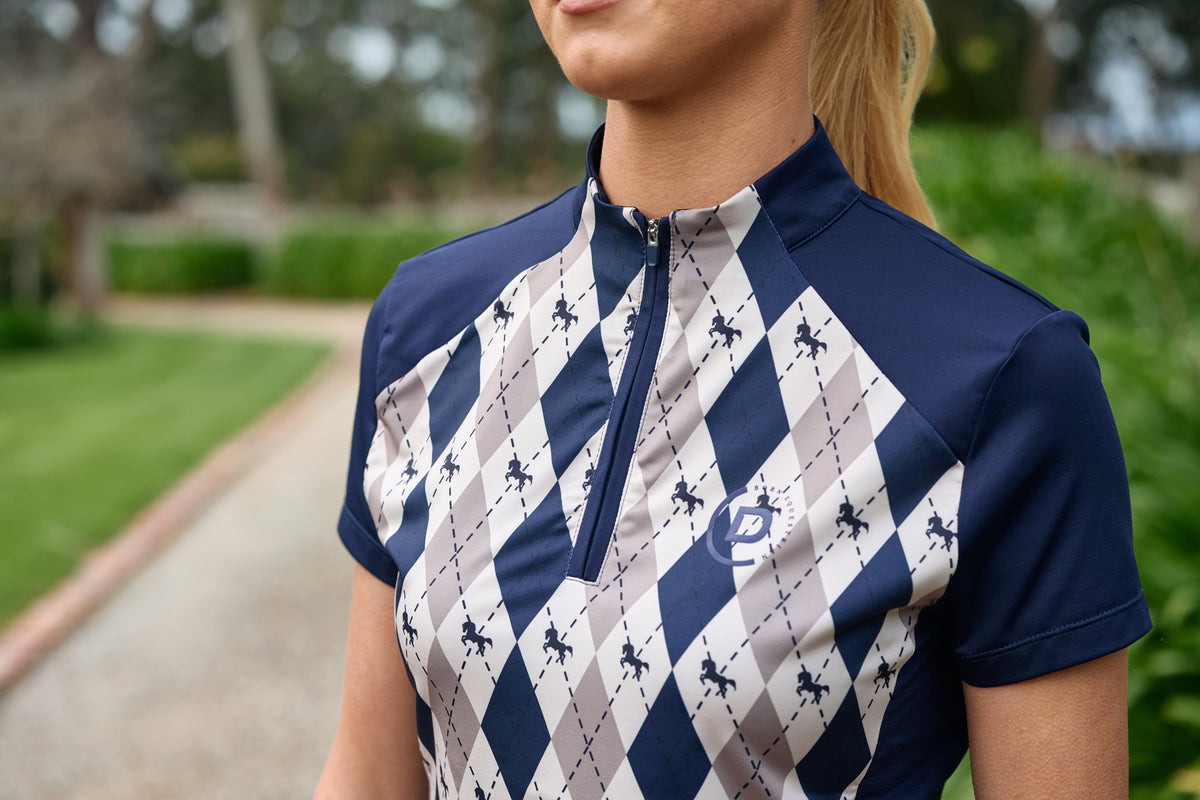 Dublin 1/4 Zip Breathable Short Sleeve Riding Top - Navy Oat Argyle