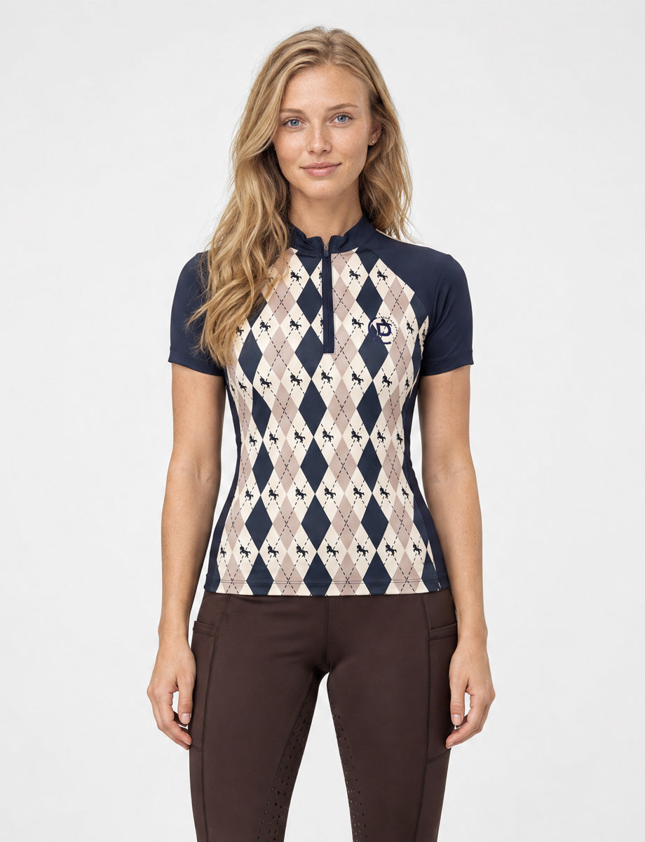 Dublin 1/4 Zip Breathable Short Sleeve Riding Top - Navy Oat Argyle
