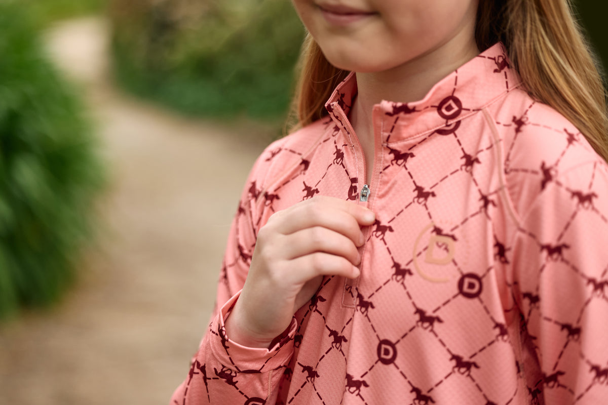 Dublin Kids Breathable Long Sleeved Riding Top - Peach/Crimson Print