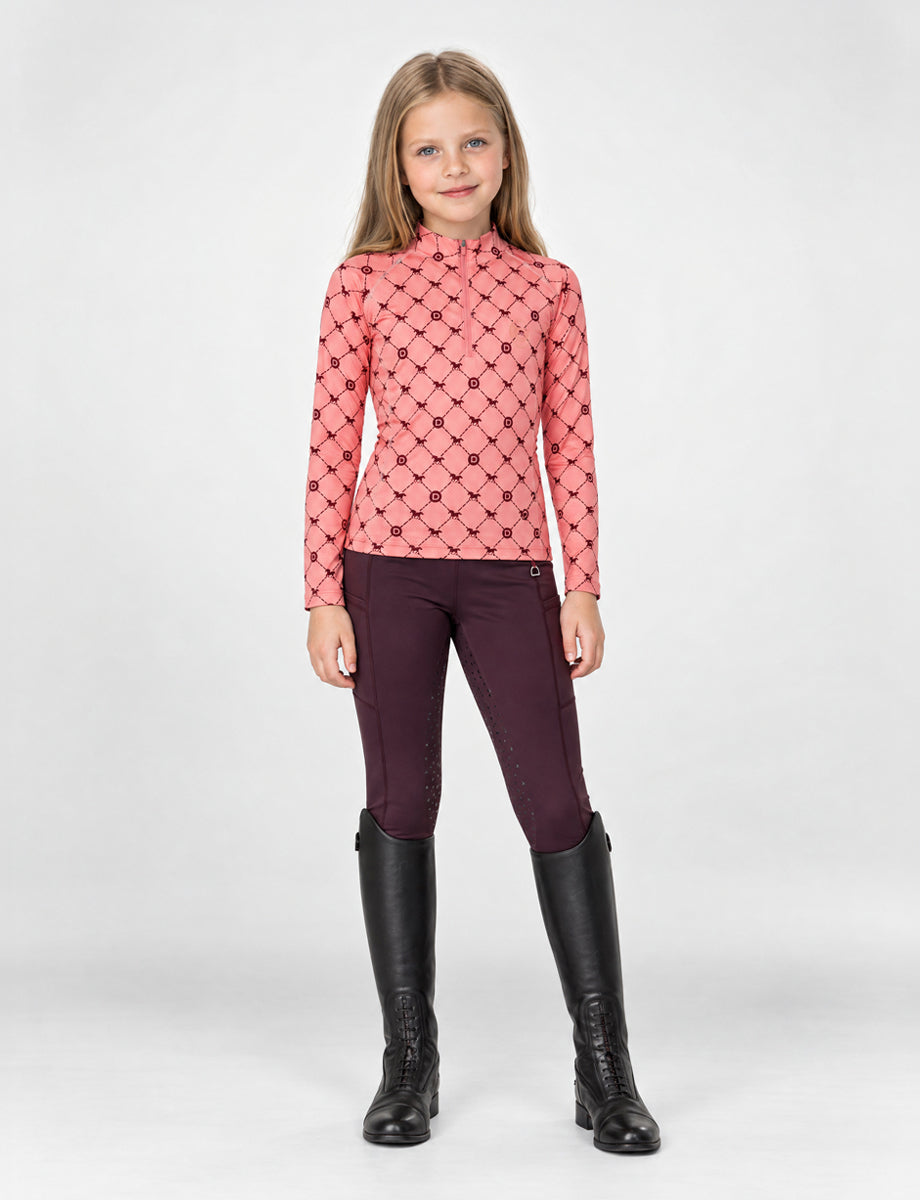 Dublin Kids Breathable Long Sleeved Riding Top - Peach/Crimson Print