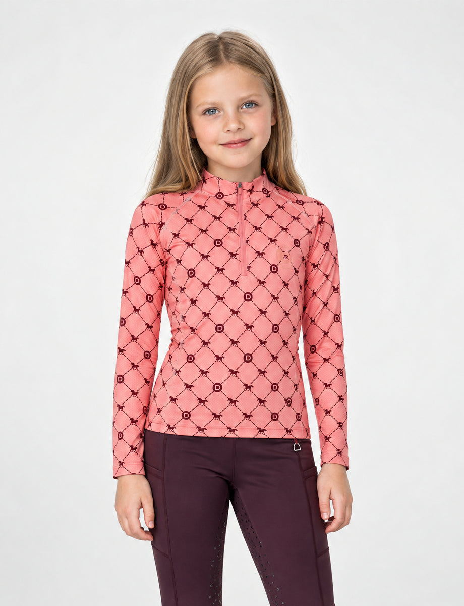 Dublin Kids Breathable Long Sleeved Riding Top - Peach/Crimson Print