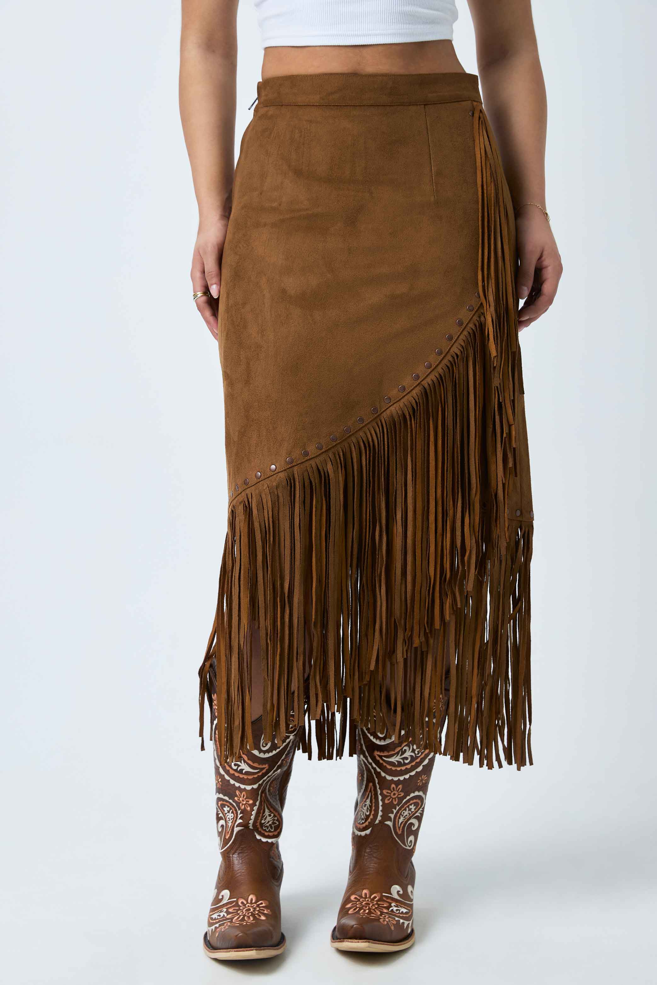 Ringers Western Wanderlust Womens Faux Suede Fringe Midi Skirt