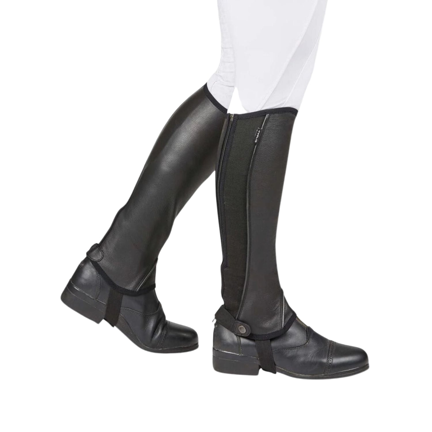 A pair of black leather half chaps for equestrian riding, featuring elastic stretch panels and a back zipper with a Dublin snap closure.