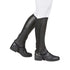 A pair of black leather half chaps for equestrian riding, featuring elastic stretch panels and a back zipper with a Dublin snap closure.