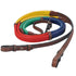 A set of colorful leather horse reins with rubber grip and stainless steel hook studs.