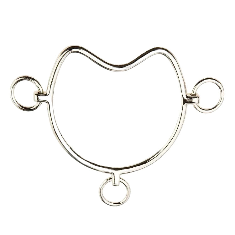 A stainless steel anti-rearing chifney bit with a curved mouthpiece and bottom ring designed to be attached to a sliphead for horse control