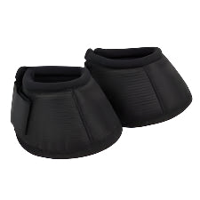 A pair of black Roma non-twist bell boots designed for riding horses, featuring a mesh-like texture and a bellows-like extension on the side.