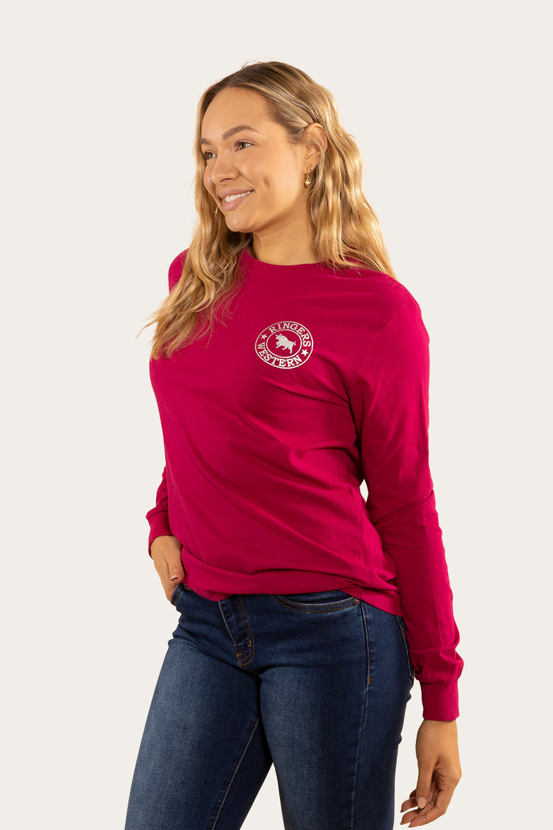 Ringers Western
Signature Bull Womens Loose Fit Long Sleeve T-Shirt - Magenta/Silver