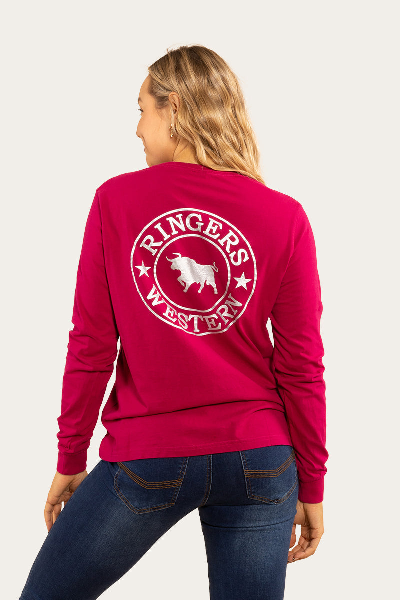 Ringers Western
Signature Bull Womens Loose Fit Long Sleeve T-Shirt - Magenta/Silver