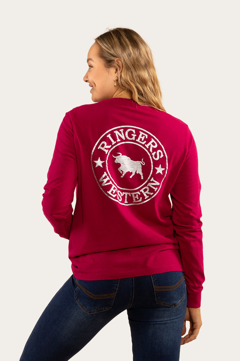 Ringers Western
Signature Bull Womens Loose Fit Long Sleeve T-Shirt - Magenta/Silver