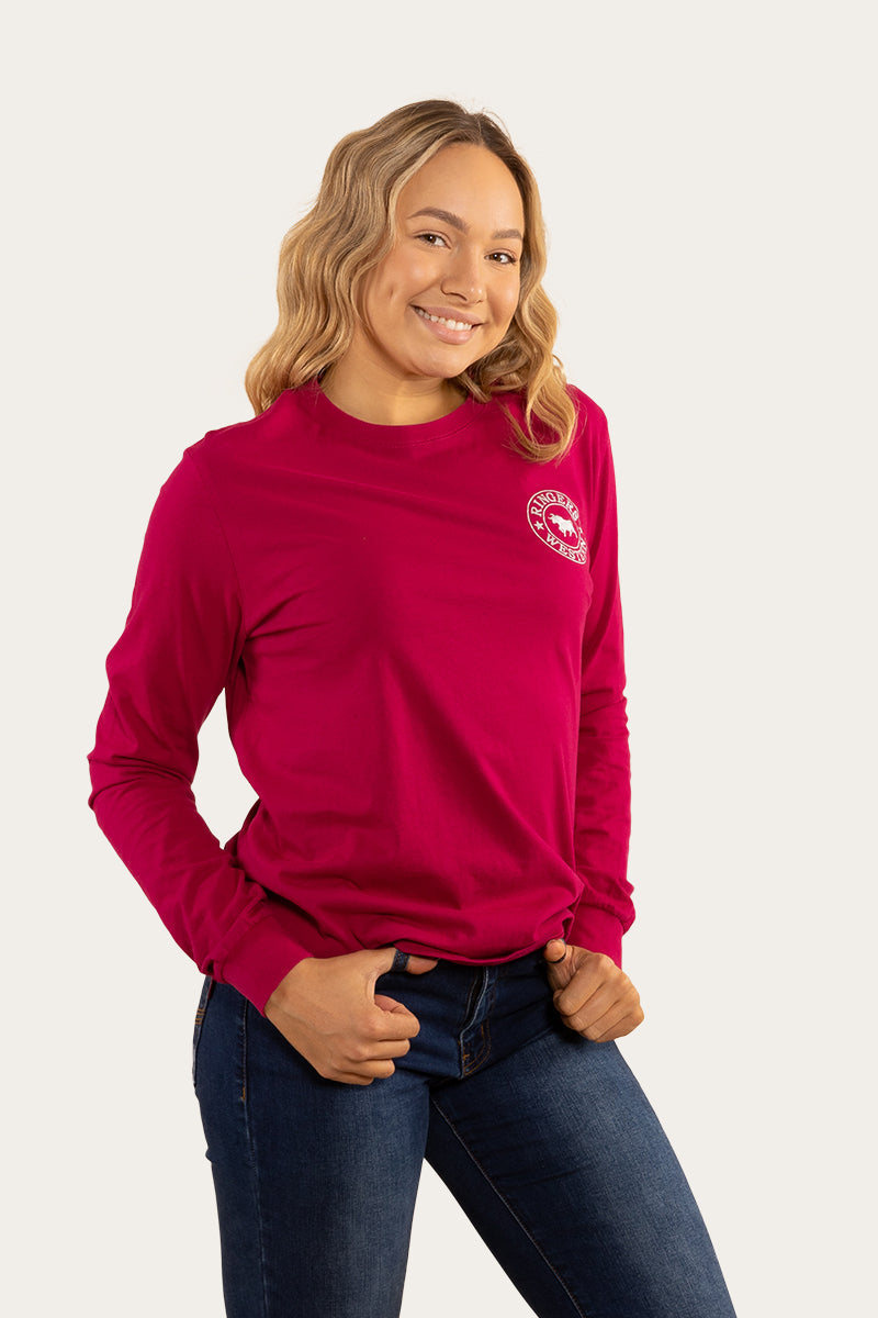 Ringers Western
Signature Bull Womens Loose Fit Long Sleeve T-Shirt - Magenta/Silver