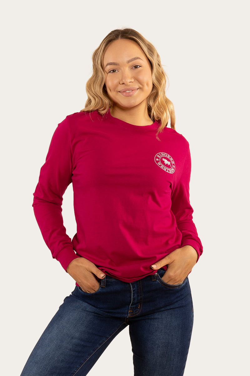 Ringers Western
Signature Bull Womens Loose Fit Long Sleeve T-Shirt - Magenta/Silver
