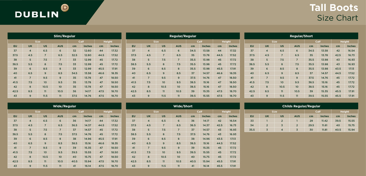 Dublin Arderin Tall Field Boots - Size Chart