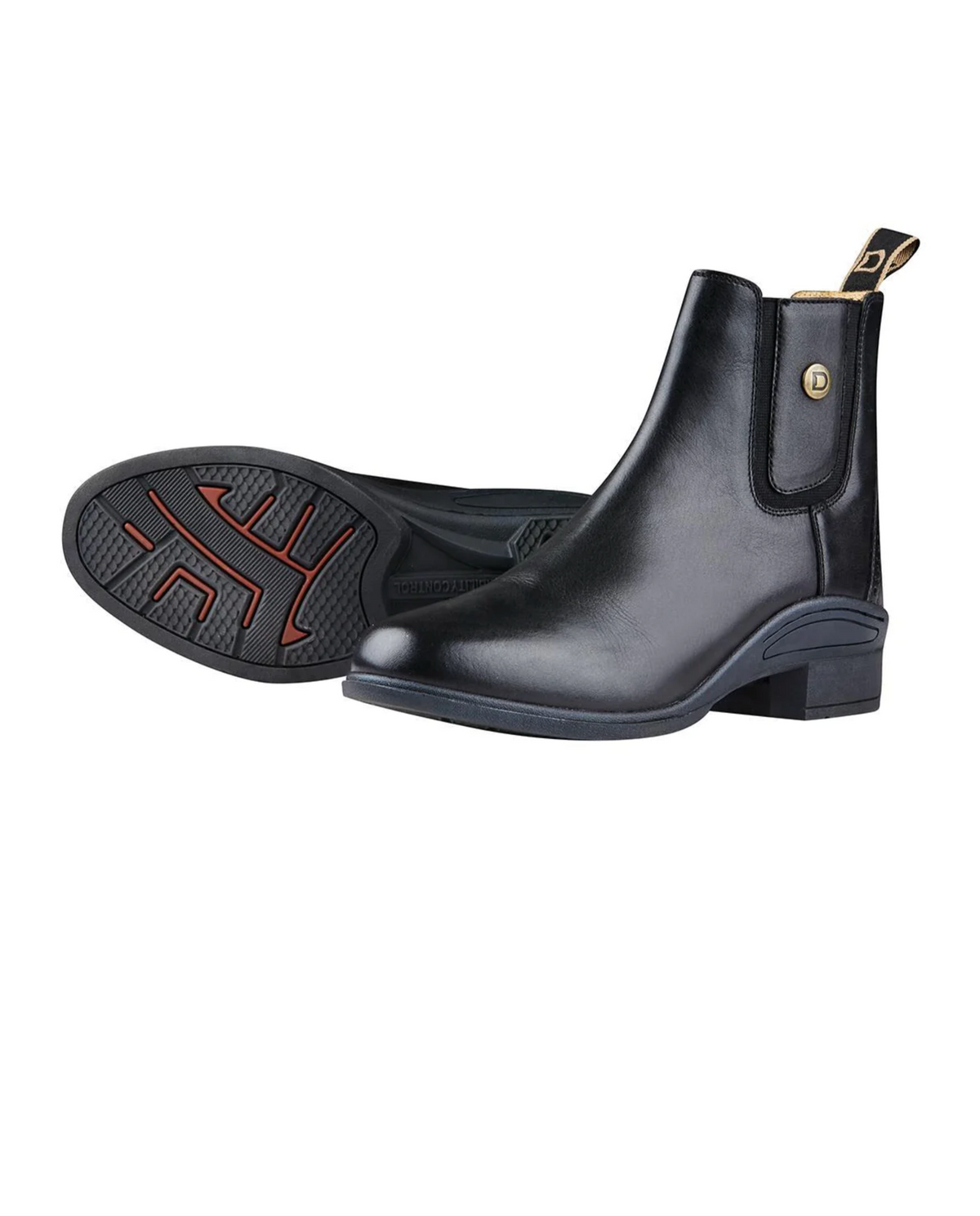 A black Dublin ladies riding boot with a stylish pin punch designed heel and toe cap, featuring a breathable mesh lining and a durable rubber outsole.