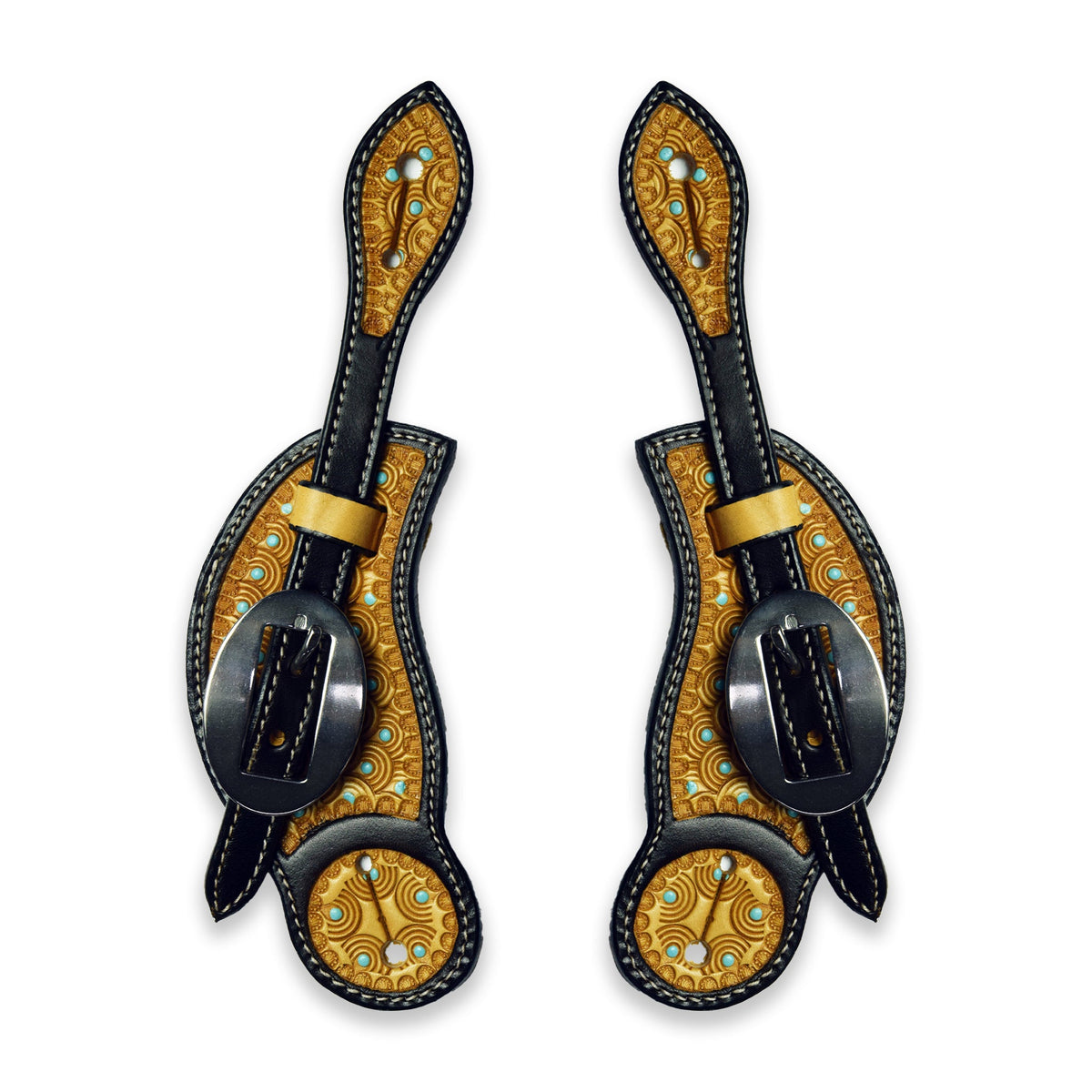 Ezy Ride Spur Strap Cowboy Shaped with Stamping and Turquiose Dots Two Tone