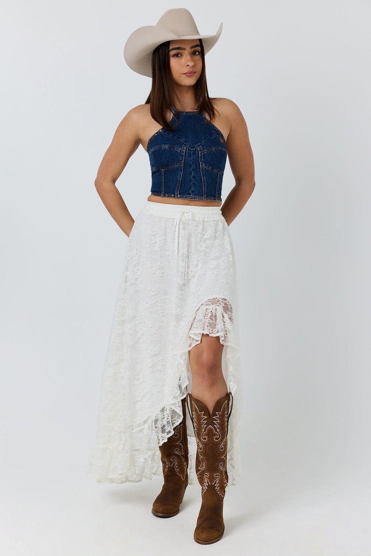 Ringers Western Almost A Cowgirl Shirred Maxi Skirt - Off White