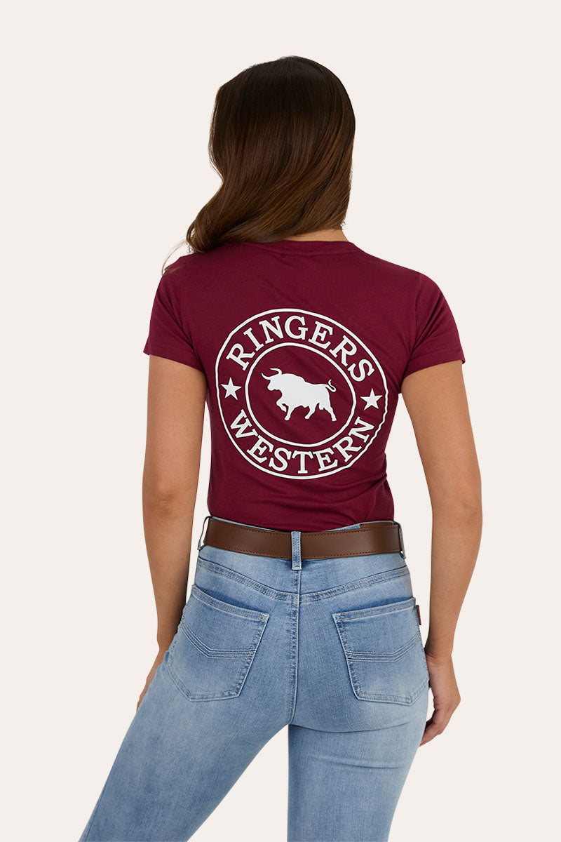 Ringers Western GEC Signature Bull Womens Classic Fit T-Shirt - Burgundy White Back