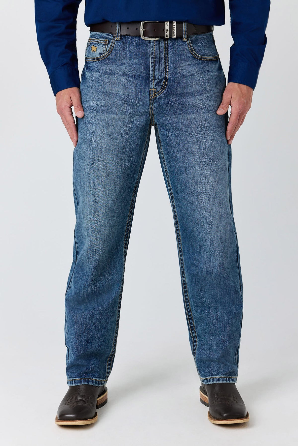 Ringers Western Granger Mens Loose Straight Wide Leg Jean - Mid Blue Front