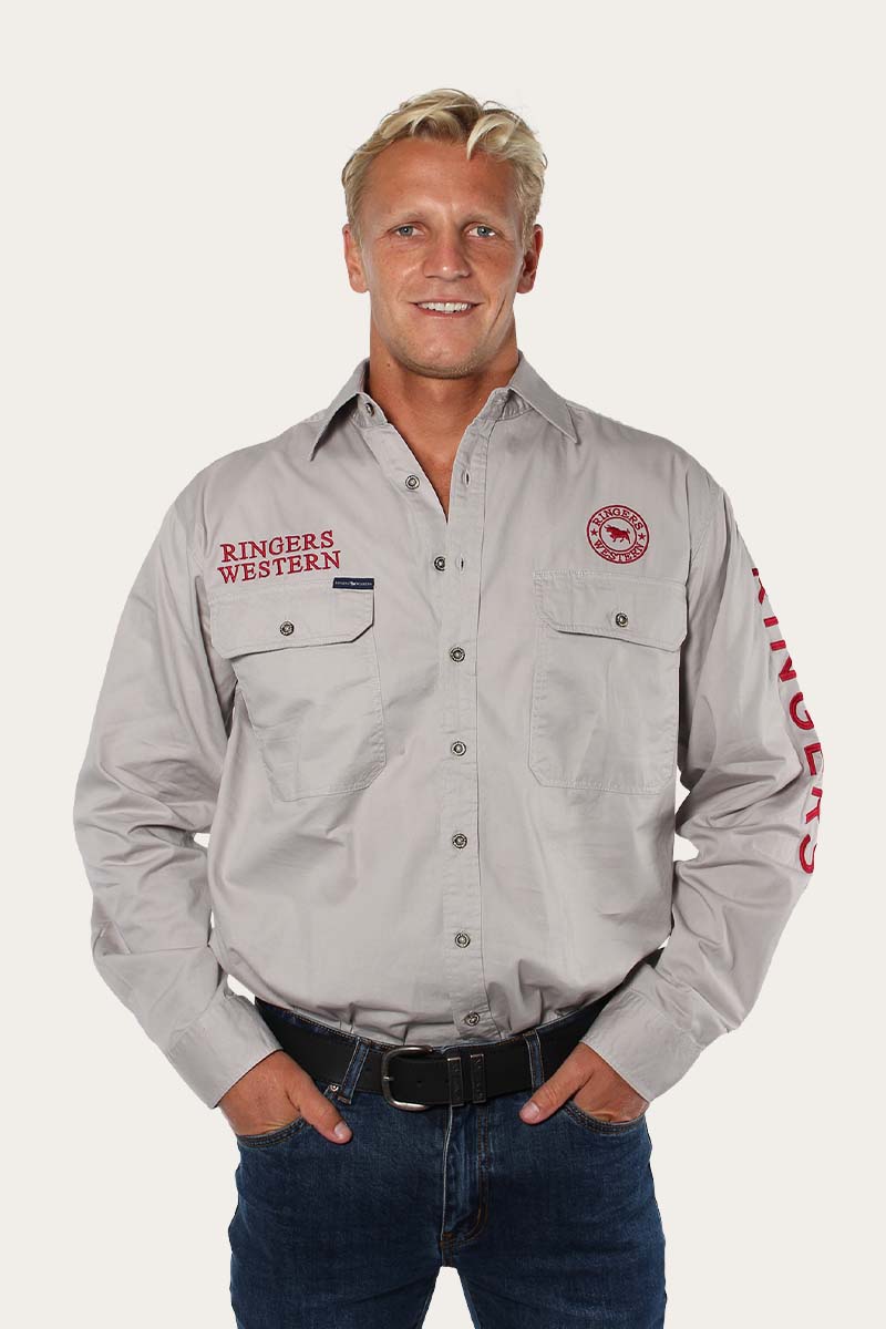 Ringers Western Hawkeye Mens Full Button Work Shirt - Beige Red
