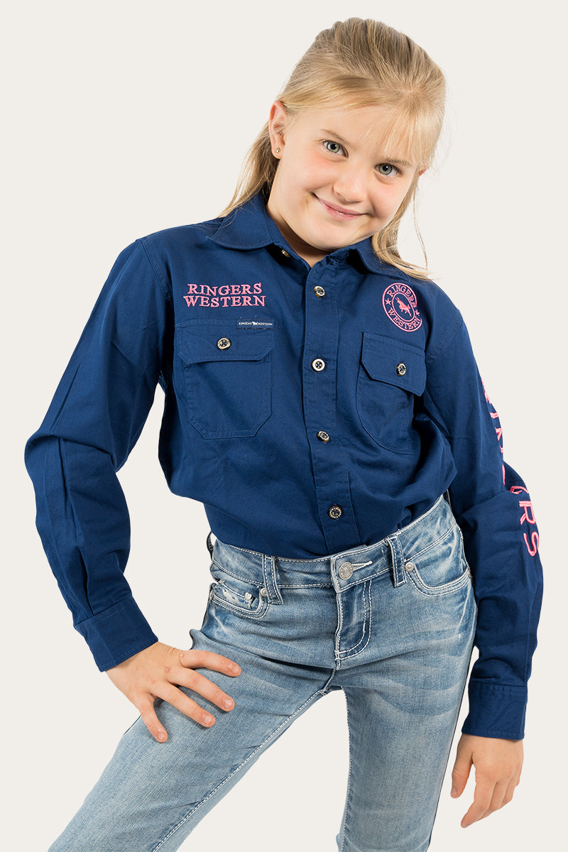 Ringers Western Jackaroo Kids Full Button Work Shirt - Navy Melon