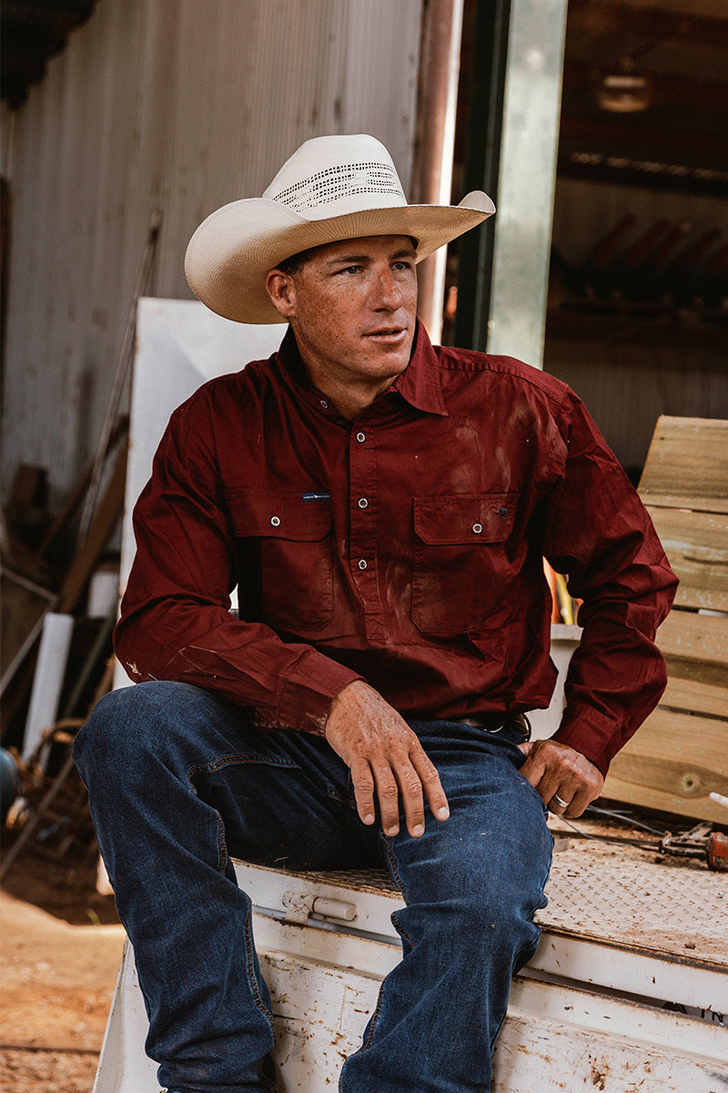 Ringers Western King River Mens Half Button Work Shirt - Burgundy