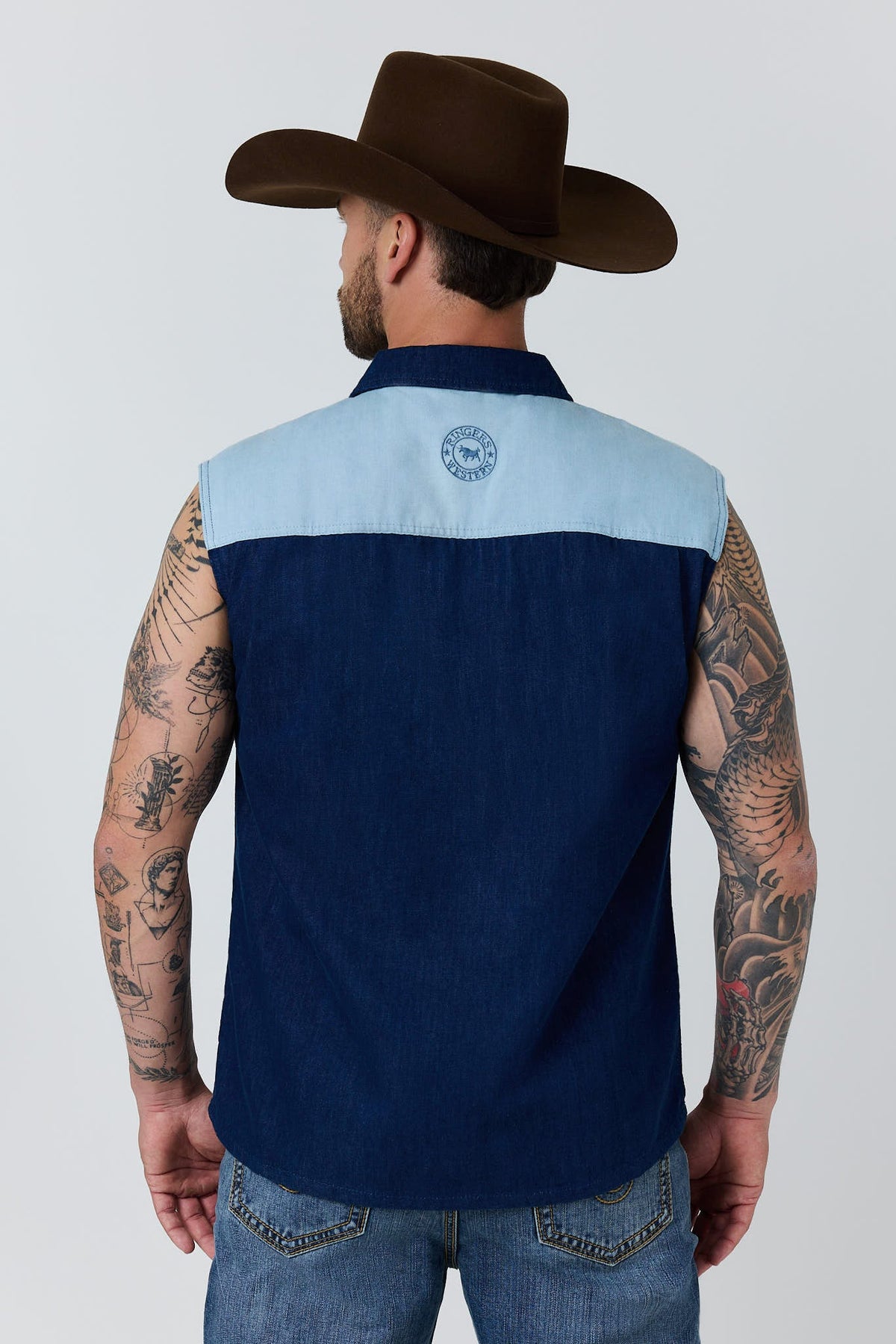 Ringers Western Out of Range Mens Sleeveless Denim Western Shirt - Back