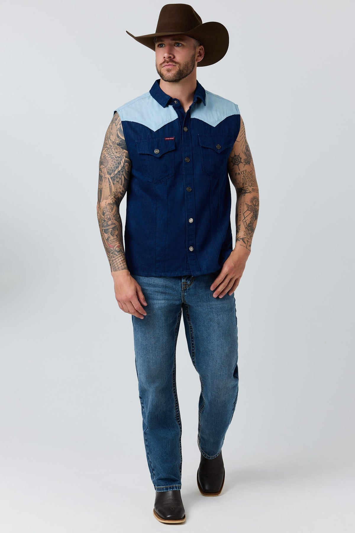 Ringers Western Out of Range Mens Sleeveless Denim Western Shirt - Front