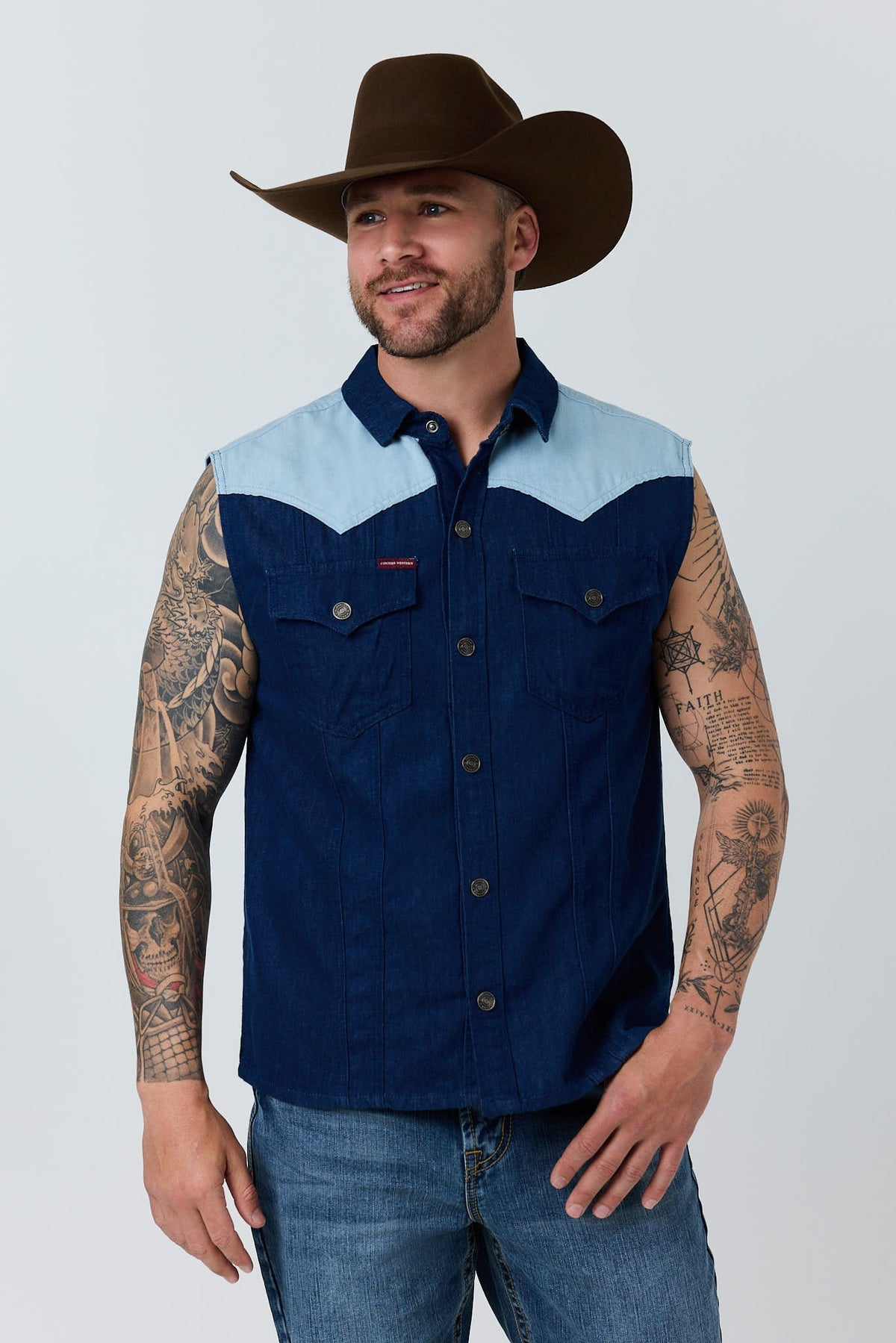 Ringers Western Out of Range Mens Sleeveless Denim Western Shirt - Mid Blue