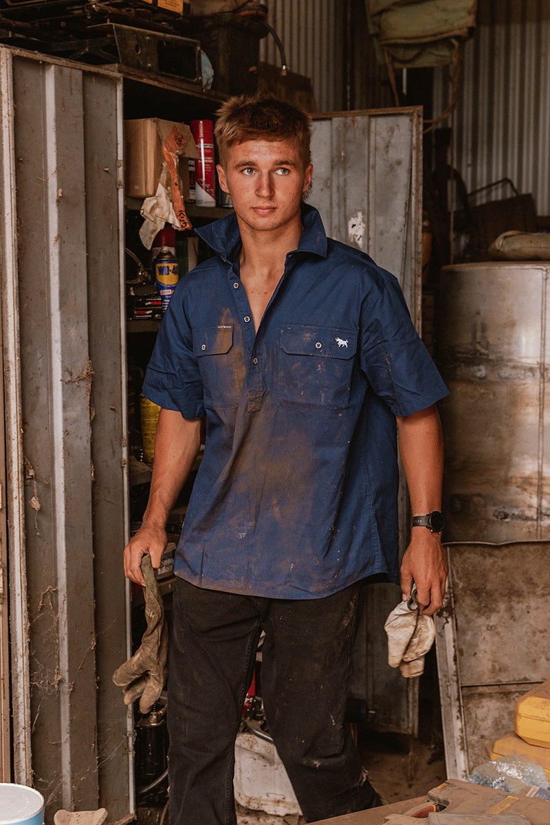 Ringers Western Pack Saddle Mens Short Sleeve Half Button Work Shirt - Navy