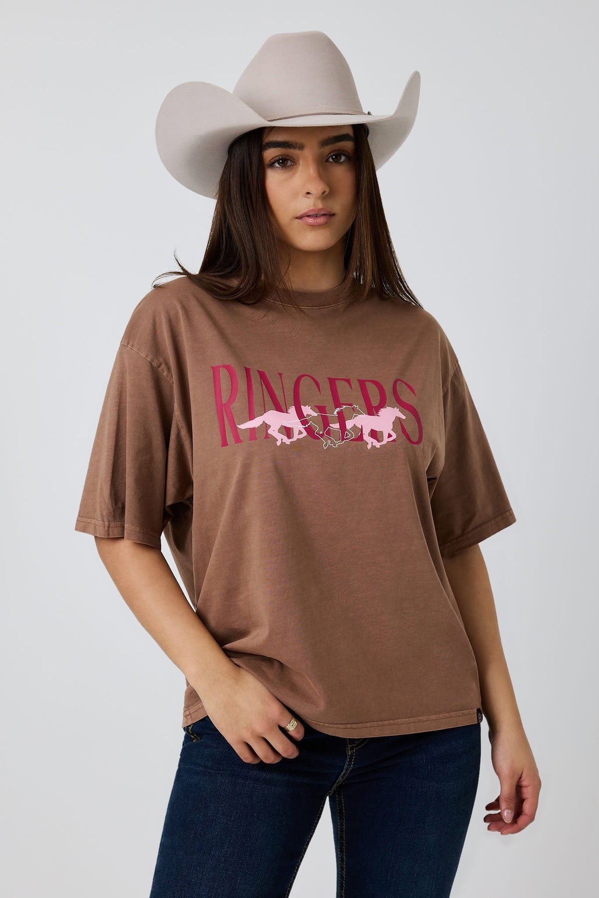 Ringers Western Running Herd Womens Oversized T-Shirt - Washed Saddle Brown