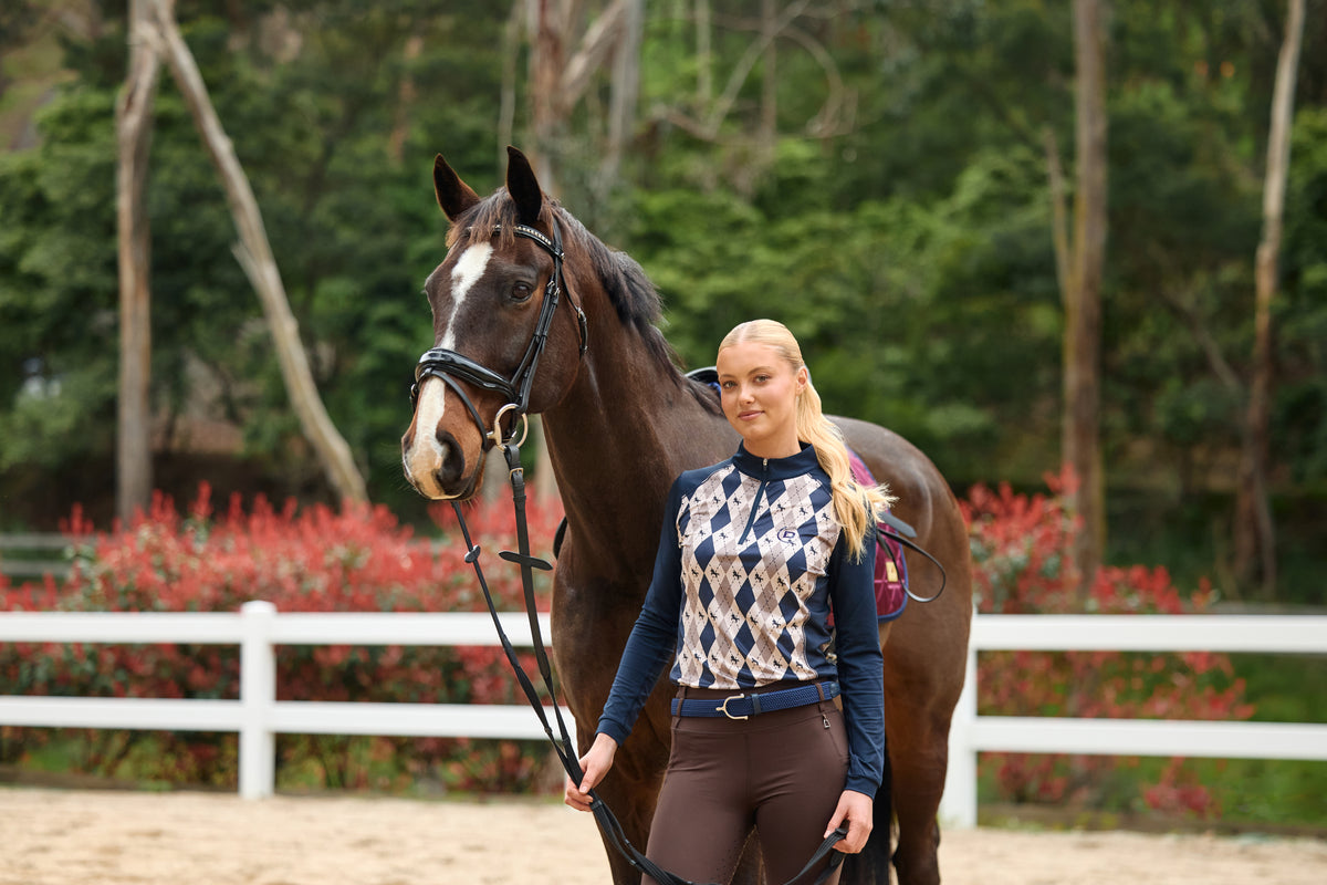 Dublin Breathable Long Sleeve Riding Top - Navy Oat Argyle