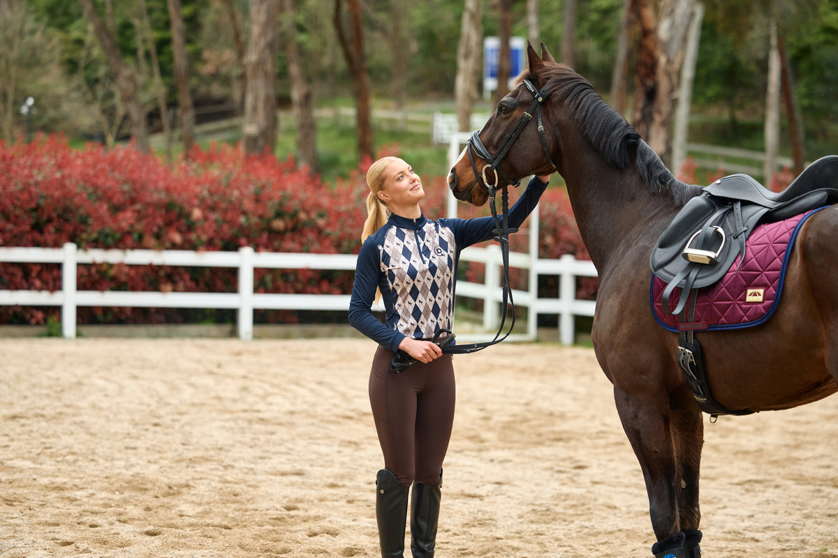 Dublin Breathable Long Sleeve Riding Top - Navy Oat Argyle