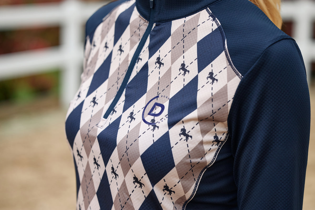 Dublin Breathable Long Sleeve Riding Top - Navy Oat Argyle