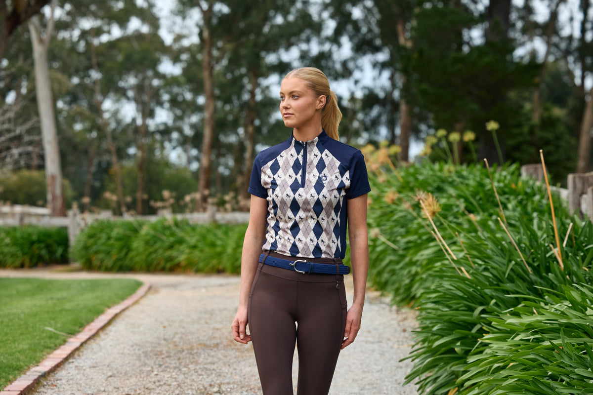 Dublin 1/4 Zip Breathable Short Sleeve Riding Top - Navy Oat Argyle
