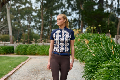 Dublin 1/4 Zip Breathable Short Sleeve Riding Top - Navy Oat Argyle