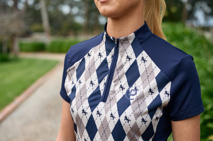 Dublin 1/4 Zip Breathable Short Sleeve Riding Top - Navy Oat Argyle