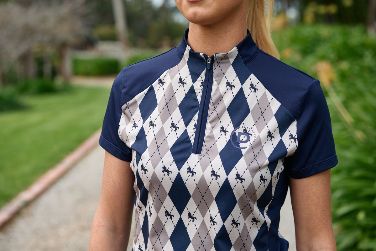Dublin 1/4 Zip Breathable Short Sleeve Riding Top - Navy Oat Argyle