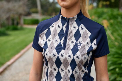 Dublin 1/4 Zip Breathable Short Sleeve Riding Top - Navy Oat Argyle