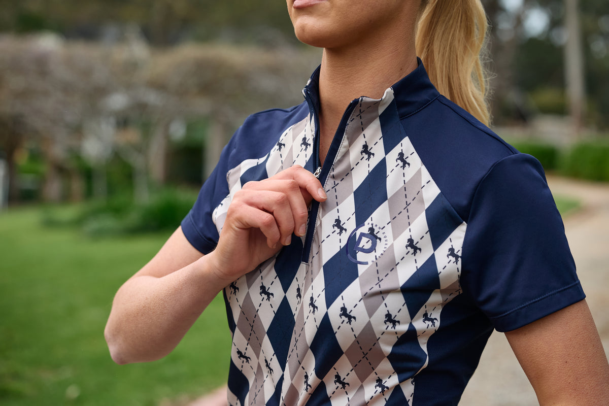 Dublin 1/4 Zip Breathable Short Sleeve Riding Top - Navy Oat Argyle