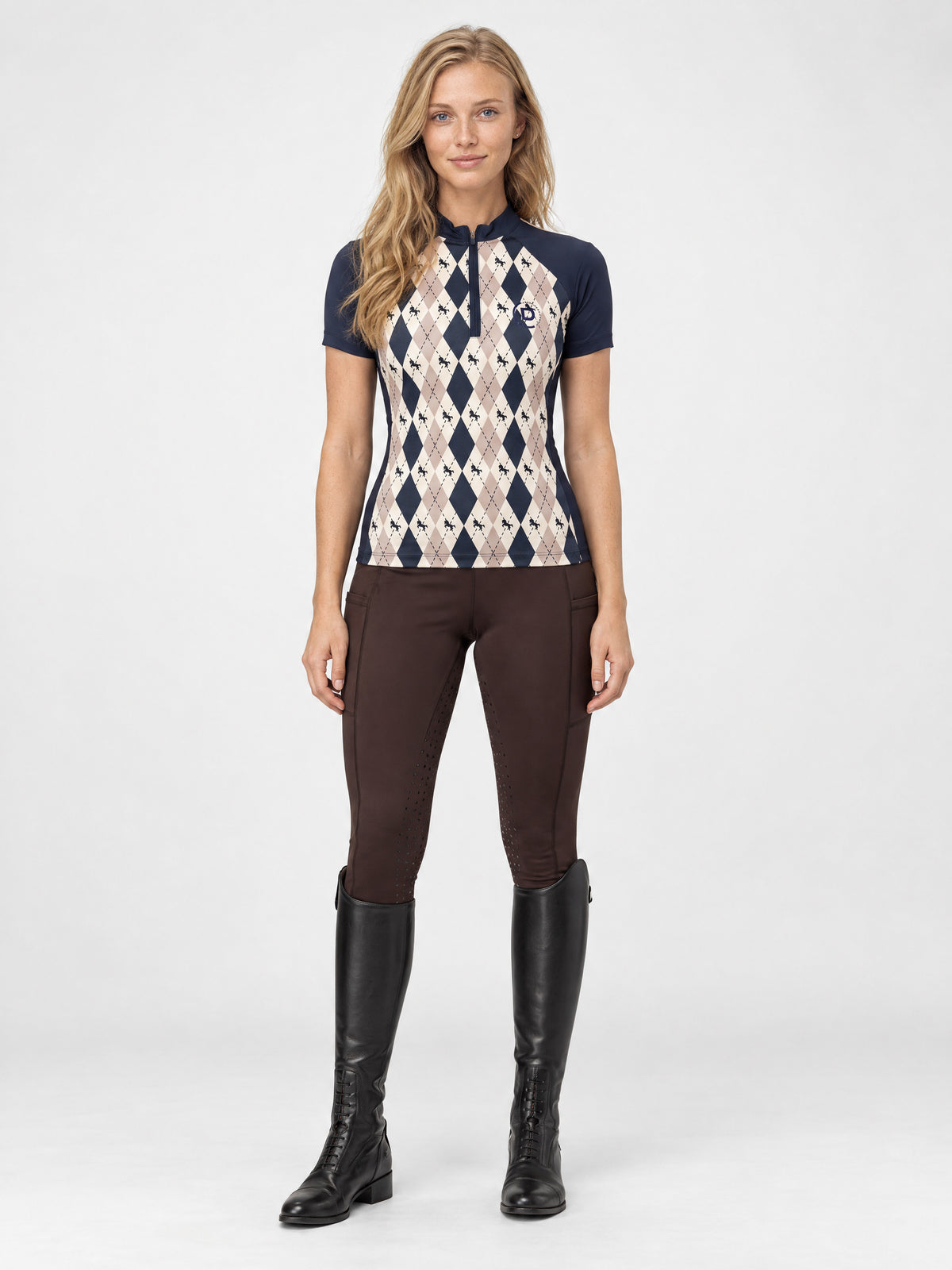 Dublin 1/4 Zip Breathable Short Sleeve Riding Top - Navy Oat Argyle