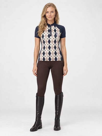 Dublin 1/4 Zip Breathable Short Sleeve Riding Top - Navy Oat Argyle