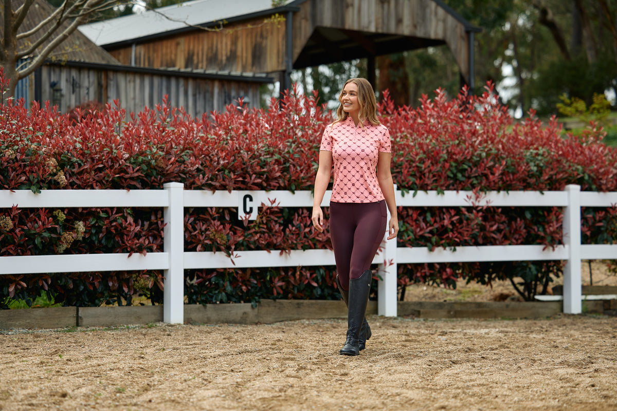 Dublin 1/4 Zip Breathable Short Sleeve Riding Top - Peach/Crimson Print