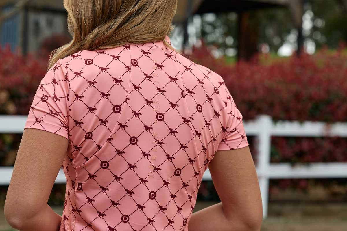 Dublin 1/4 Zip Breathable Short Sleeve Riding Top - Peach/Crimson Print