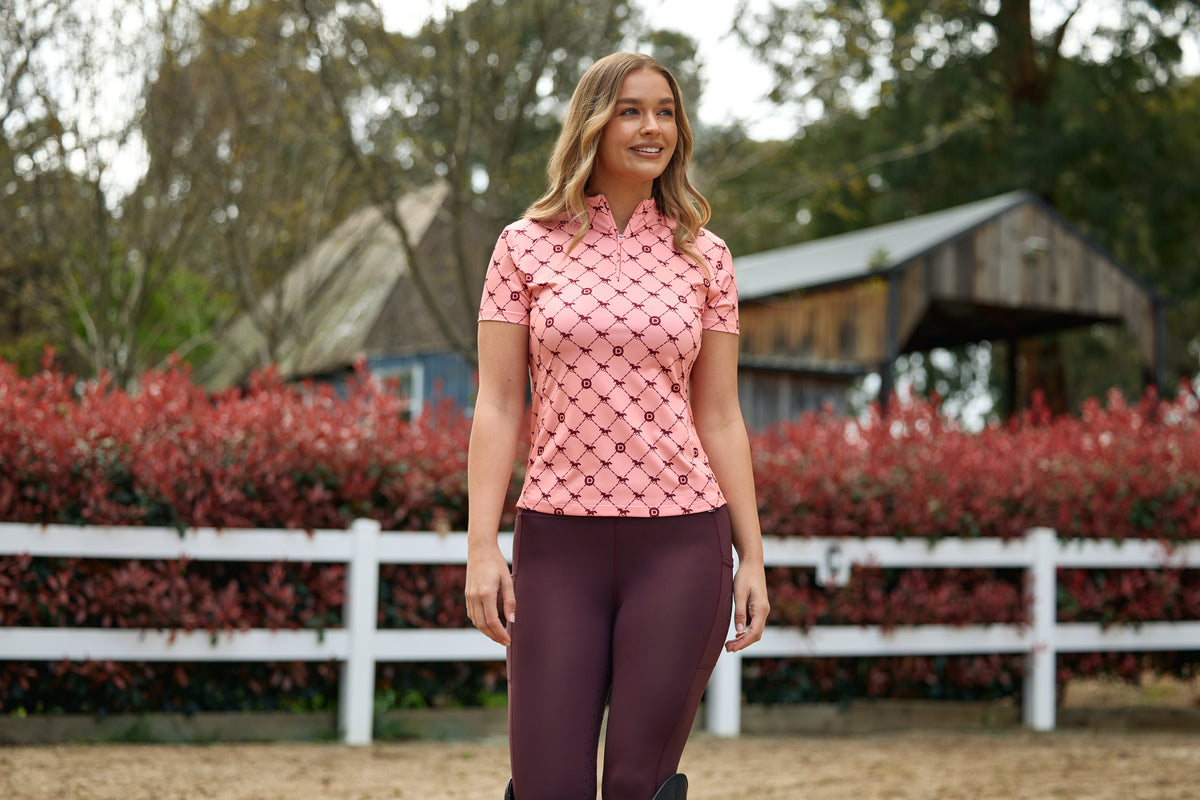 Dublin 1/4 Zip Breathable Short Sleeve Riding Top - Peach/Crimson Print