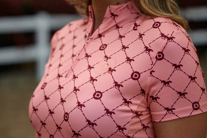 Dublin 1/4 Zip Breathable Short Sleeve Riding Top - Peach/Crimson Print
