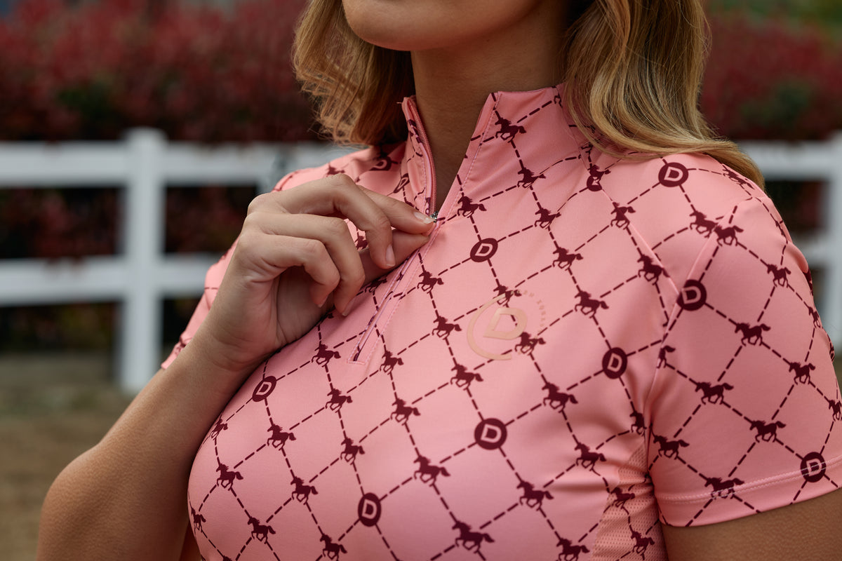 Dublin 1/4 Zip Breathable Short Sleeve Riding Top - Peach/Crimson Print