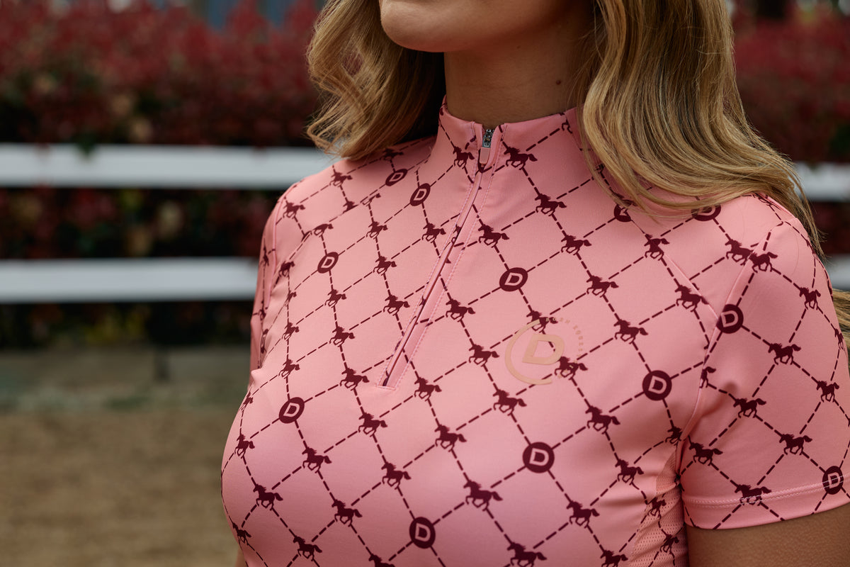 Dublin 1/4 Zip Breathable Short Sleeve Riding Top - Peach/Crimson Print