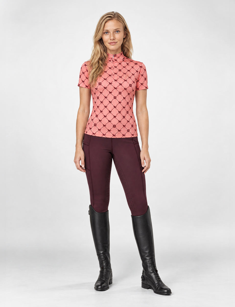 Dublin 1/4 Zip Breathable Short Sleeve Riding Top - Peach/Crimson Print