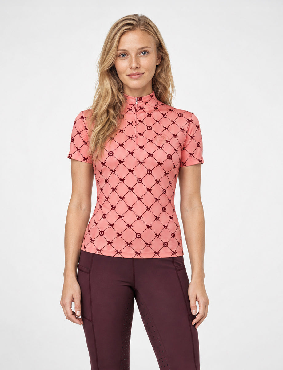 Dublin 1/4 Zip Breathable Short Sleeve Riding Top - Peach/Crimson Print